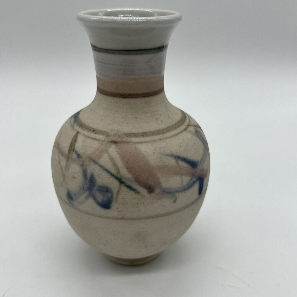 VTG Signed AMIR Studio Pottery Hand Thrown Vase In Blues, Violets, Pinks 4”